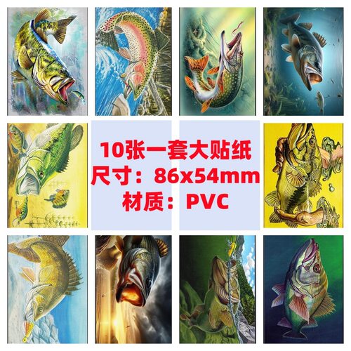 10张86x54mm路亚钓鱼手机电脑装饰笔记本滑板车行李箱防水贴纸