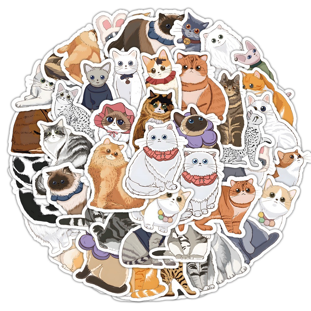 60张卡通手绘猫咪贴纸桌面笔记本行李箱滑板车吉他防水贴画