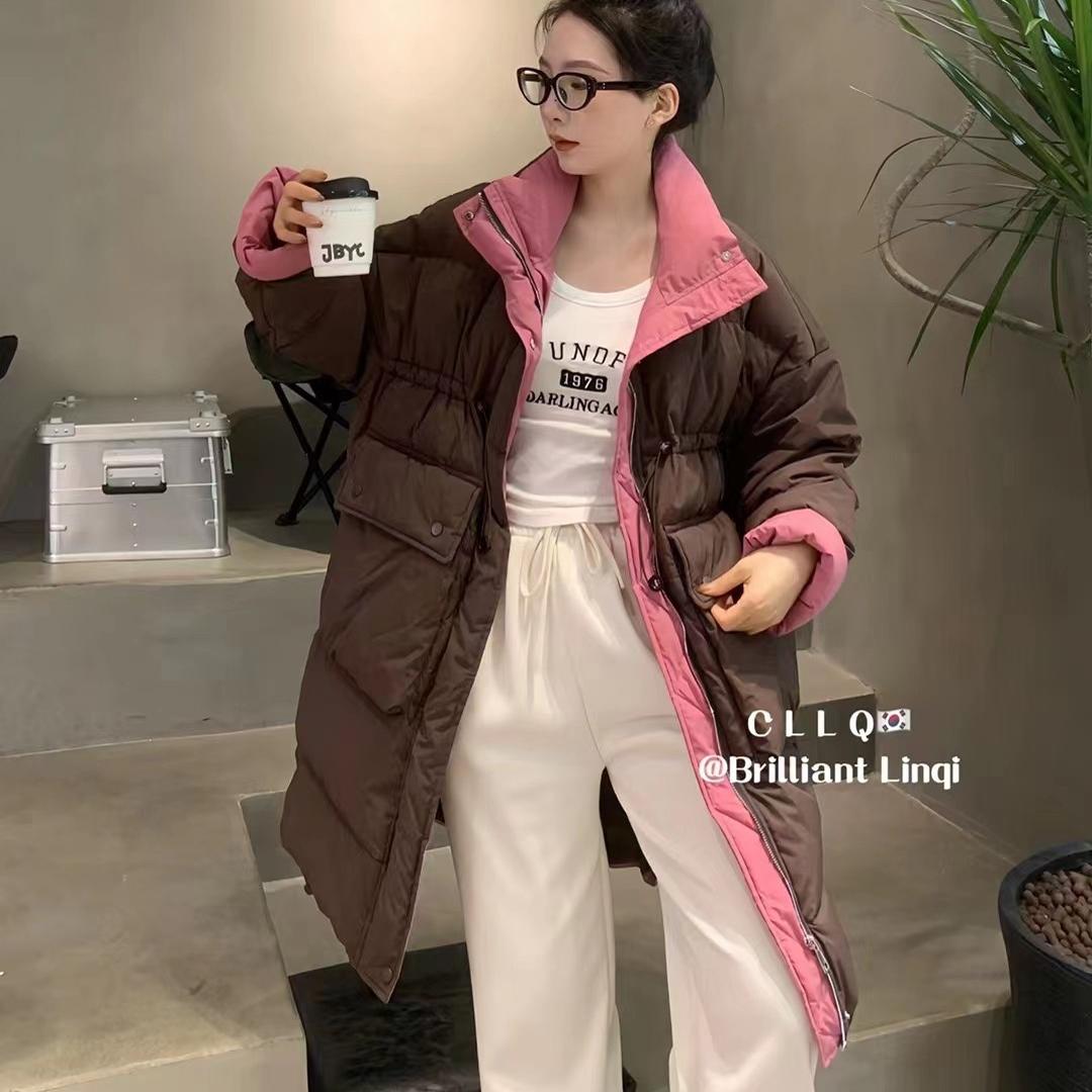 撞色羽绒服女中长款冬季新款韩版宽松加厚白鸭绒过膝面包服外套潮