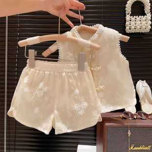 女童国风盘扣花朵刺绣上衣短裤两件套2025夏季女宝宝无袖旗袍套装