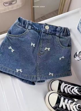 韩国童装新款半身裙春夏女童刺绣蝴蝶结水洗牛仔洋气A字半身裙裤