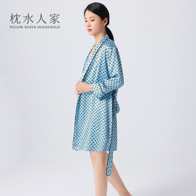 夏季真丝碎花长袖系带中睡裙