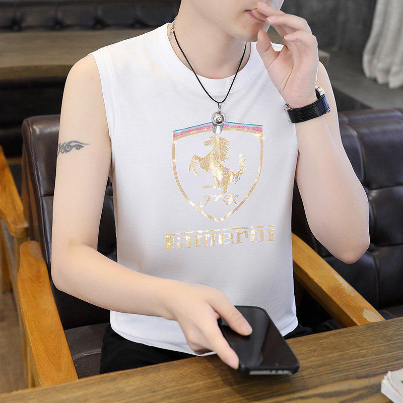 欧洲站烫钻丝光棉背心男打底衫宽松休闲透气坎肩无袖T恤高端上衣