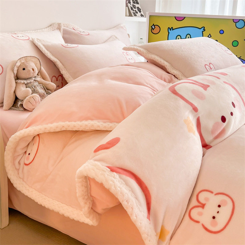 冬天季加厚牛奶绒床上四件套双面珊瑚绒被套法兰绒加绒床单三件套
