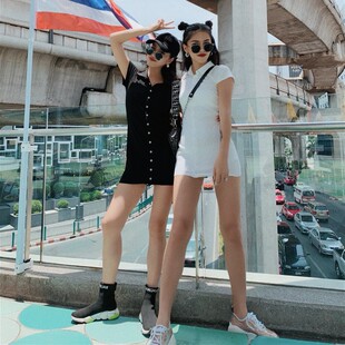 闺蜜装夏季姐妹装黑白polo领连衣裙短款修身显瘦裙子