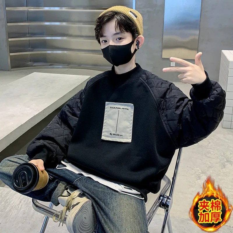 童装男童加绒卫衣秋冬款儿童半高领上衣中大童男孩一体绒外穿卫衣