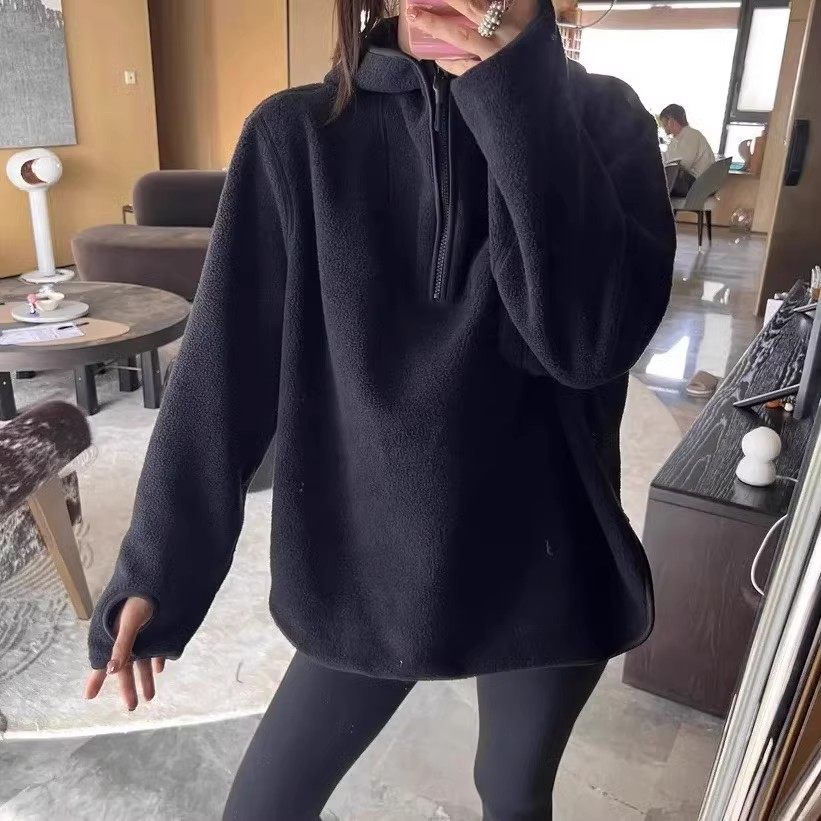【现货哆哆】连帽半拉链黑色卫衣女2026年冬季气质宽松摇粒绒外套
