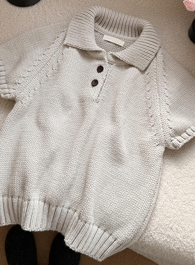 温柔风白色翻领粗针三粒扣短袖毛衣女冬季新款叠穿单穿通勤针织衫