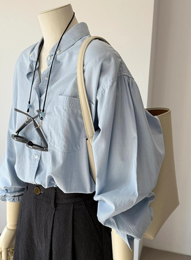 反手就是一个赞！】2026春夏浅蓝色廓版翻领单排扣衬衫单口袋衬衣