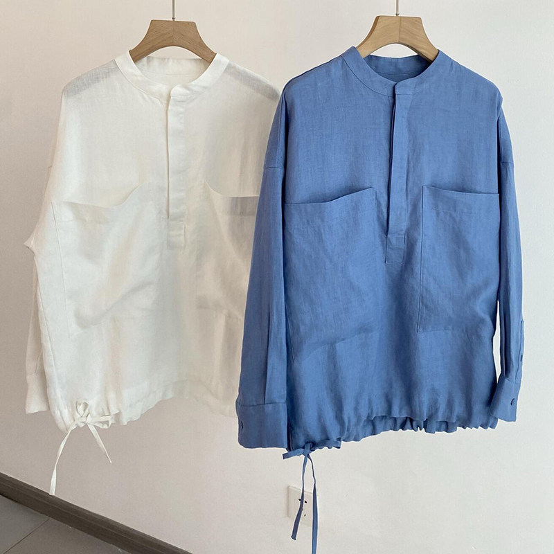 【佛播勒穿了都说好】白色棉麻抽绳半开襟衬衫春季圆领苎麻防晒衫