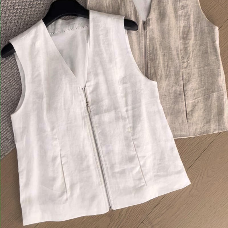 CHAO级穿搭!老钱风白色麻料V领拉链背心女春季棉麻叠穿单穿小马甲