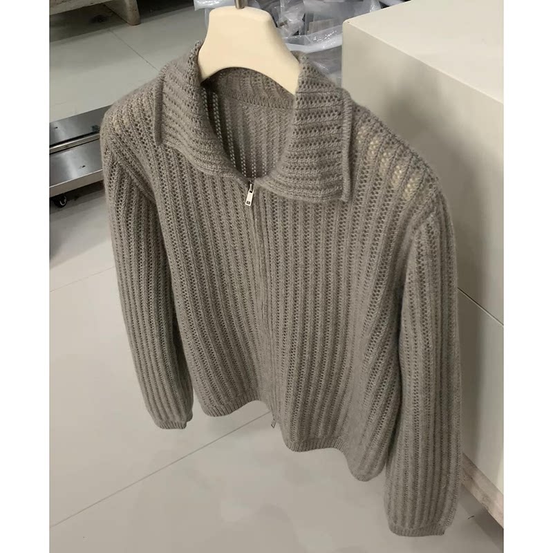 灰色翻领双拉链毛衣开衫女早秋季