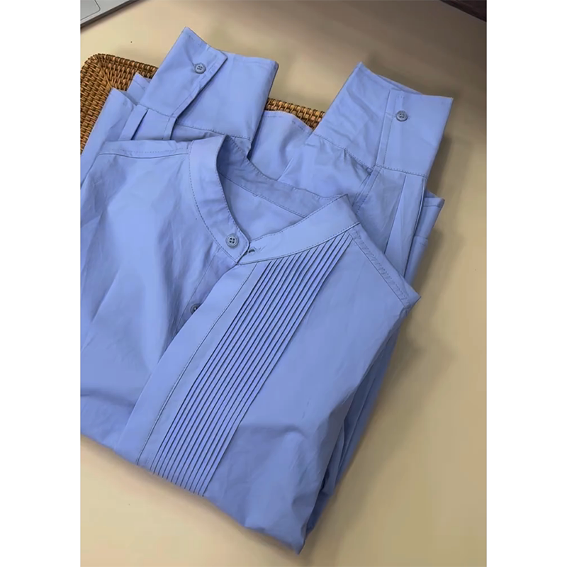 无D推荐！蓝色风琴褶小立领单排扣衬衫女春季新款单穿减龄小外套