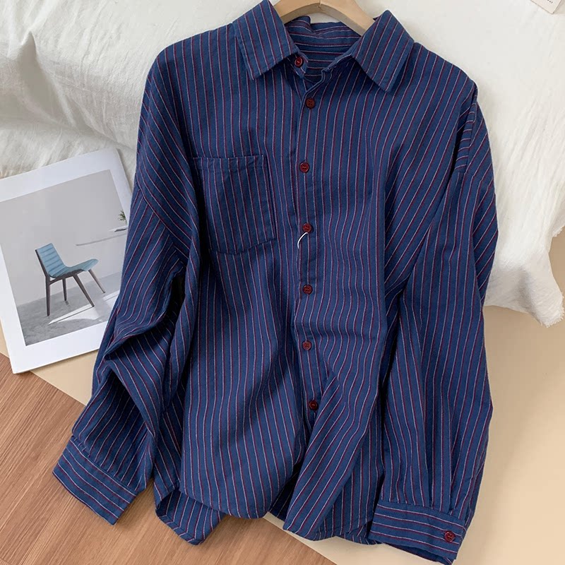 无D推荐！蓝红撞色条纹翻领排扣衬衫外套早春季新款通勤百搭衬衣