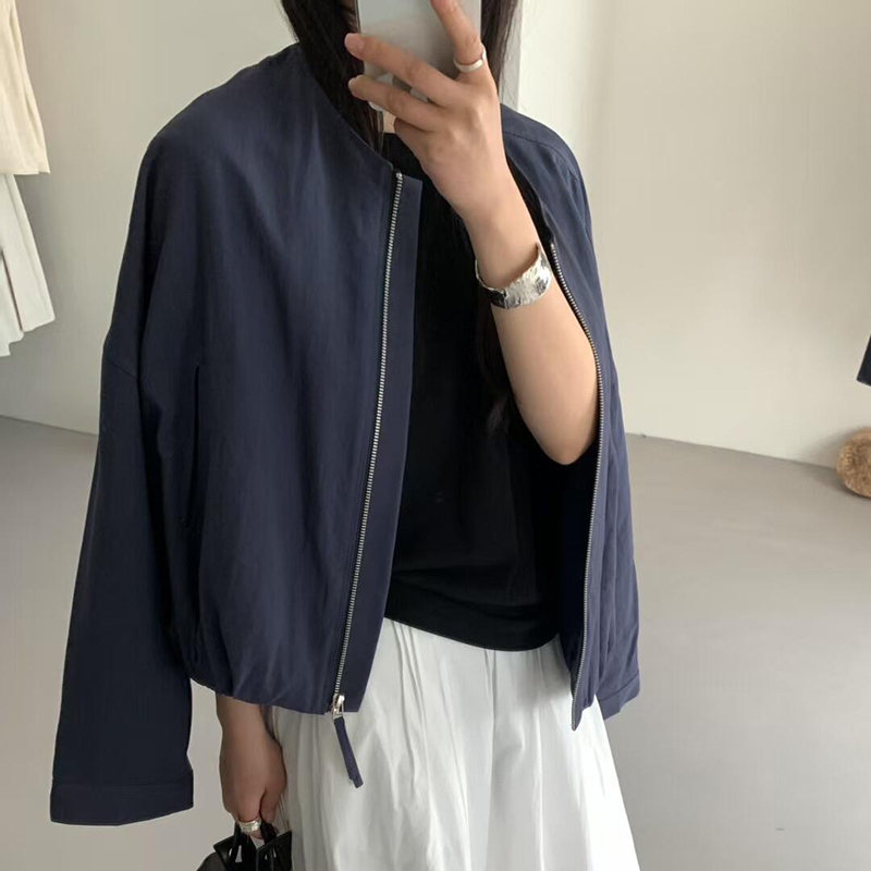 现货！耐看又耐搭系列！2025早春藏蓝色拉链夹克圆领落肩短版外套