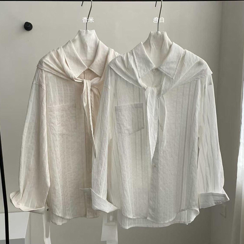 高智淡人的穿搭！白色暗条纹冰丝防晒衬衫春季翻领单排扣气质衬衣