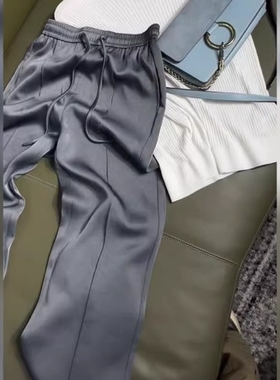 【现货封神穿搭】高级感灰色冰丝阔腿裤夏季薄款松紧腰慵懒风西裤