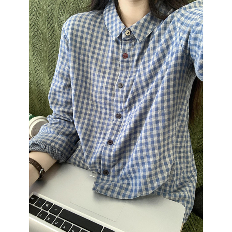 蓝色格子翻领单排扣衬衫女春季新