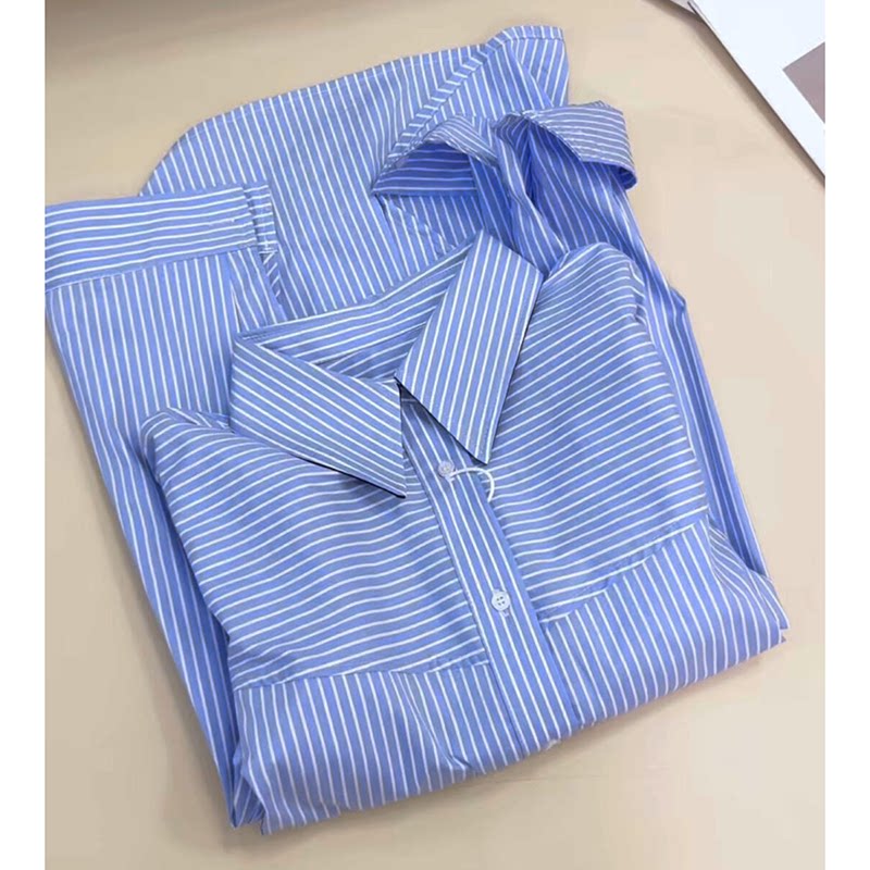 CHAO级穿搭!蓝色条纹拼接翻领单排扣衬衫春季设计感防晒衬衣外套