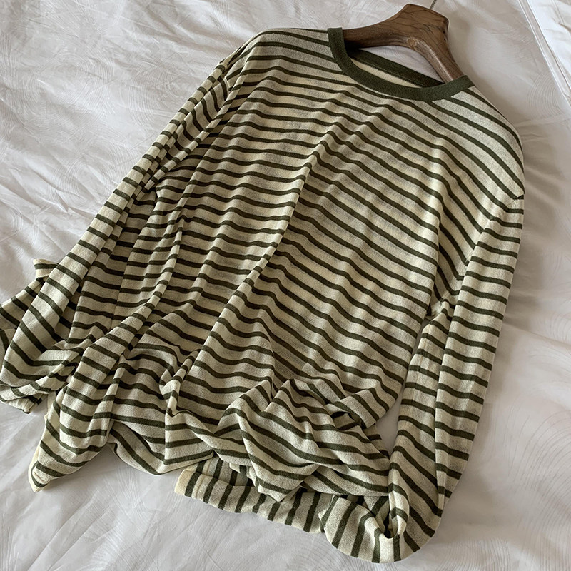 无D推荐！绿色条纹撞色圆领微透长袖T恤女早春新款百搭高质量罩衫