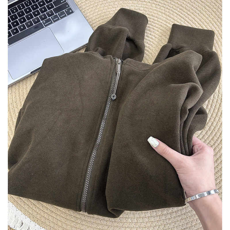 苔绿色连帽拉链卫衣开衫秋季新款