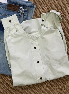 现货】一穿一个不吱声！2026春夏单口袋浅绿色立领衬衫单排扣衬衣