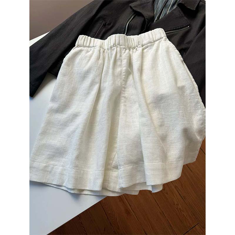 韩系松紧腰棉麻五分阔腿短裤夏季