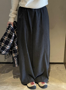 松弛感慵懒灰色松紧腰薄绒阔腿直筒裤冬季新款加厚保暖运动风卫裤