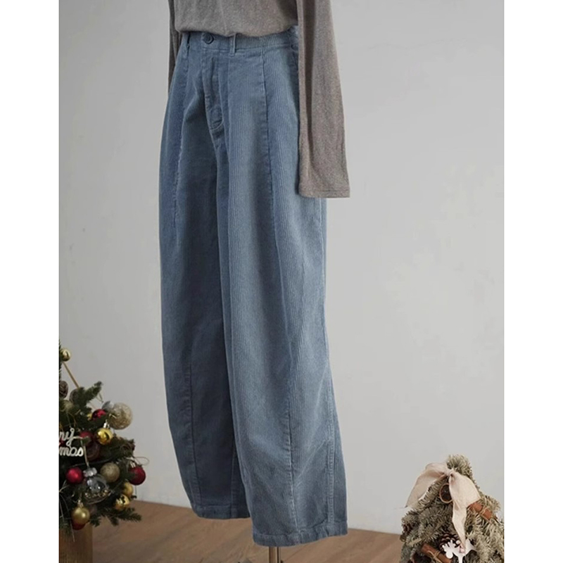 蓝色高腰显瘦灯芯绒裤2024年秋冬