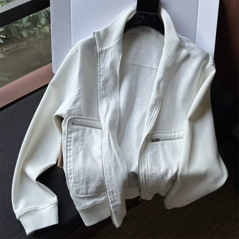 白色麻料立领棒球服拉链外套夏季