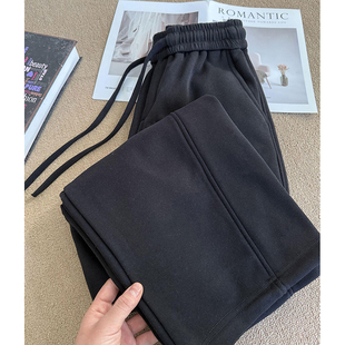 无D推荐！黑色加绒松紧腰直筒卫裤女早春新款休闲运动风抽绳长裤