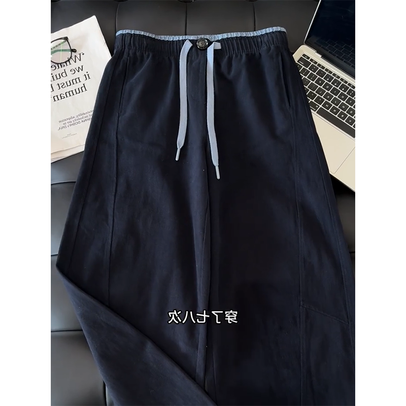 藏蓝色匹马棉撞色腰绳阔腿裤春季