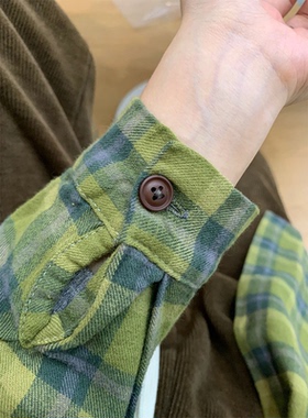 【现货封神穿搭】复古绿色磨毛格子衬衫外套女春秋季oversize衬衣