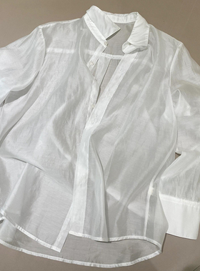 【现货】冰白色翻领单排扣冰丝透色防晒衬衣早春通勤百搭气质上衣