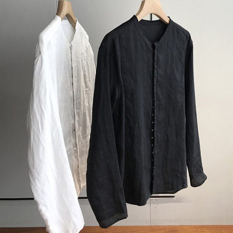高智淡人的穿搭！黑色小立领亚麻单排扣衬衫春季新款棉麻空调衬衣