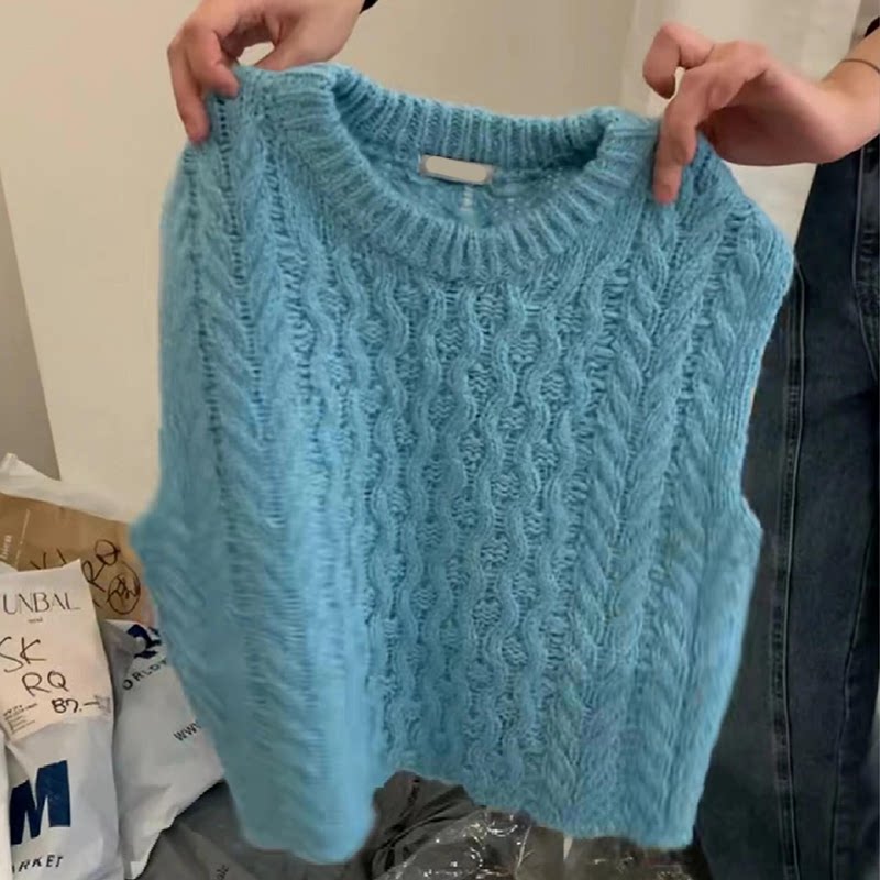 现货】时髦减龄蓝色圆领麻花无袖毛衣小背心女秋季软糯糯叠穿马甲