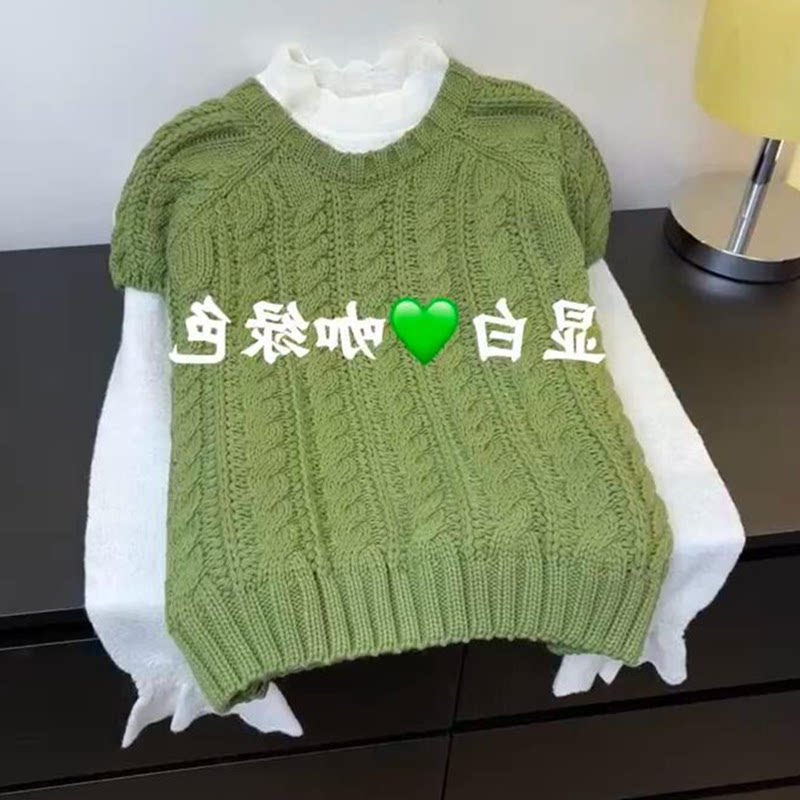 闭眼入系列！咖绿圆领麻花针织短袖女秋季新款插肩袖软糯叠穿上衣