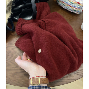 女早春新款 糟了 针织衫 复古酒红色圆领软糯长袖 通勤毛衣 好喜欢