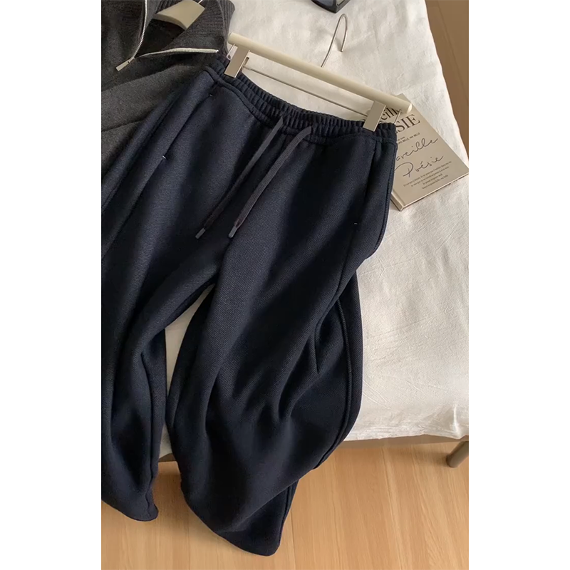 慵懒风普洗蓝加绒直筒阔腿休闲裤女冬季新款韩系宽松垂感遛弯长裤
