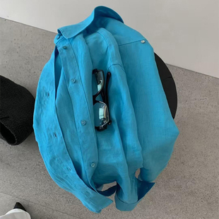 抗皱凉感宽松防晒衬衣 女夏季 现货 孔雀蓝翻领单排扣防晒亚麻衬衫