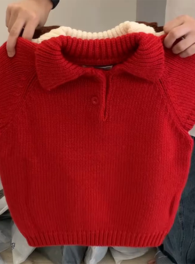 现货】红色翻领三粒扣短袖毛衣冬季新款粗针厚款单穿高质量针织衫