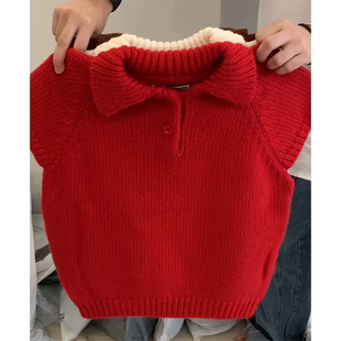 现货】红色翻领三粒扣短袖毛衣冬季新款粗针厚款单穿高质量针织衫