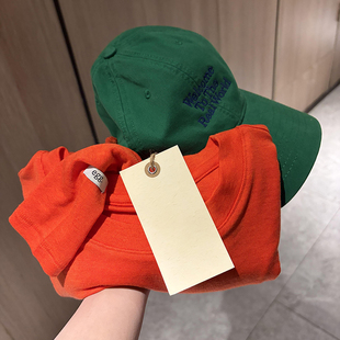 极简风橘红色天丝圆领长袖T恤女早春新款纸片人软糯百搭打底小衫