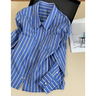 CHAO级穿搭 女春季 新款 单穿衬衣外套 通勤蓝色条纹双拉链翻领衬衫