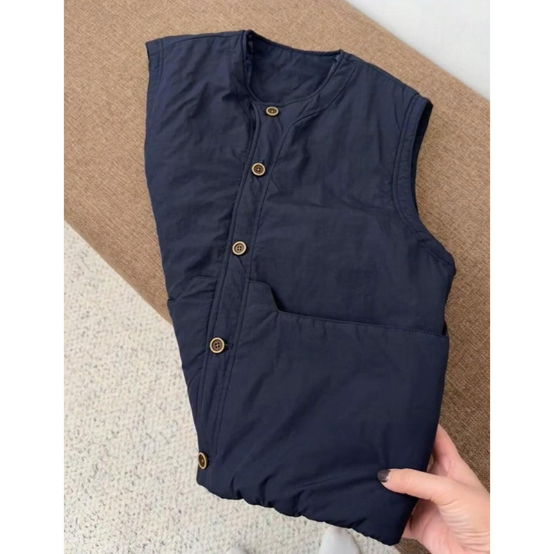 工装风藏青色圆领单排扣无袖棉服马夹冬季新款宽松叠穿保暖小外套,女装/女士精品,常规大码外套,淘宝优惠券,粉丝福利购,淘宝优惠卷