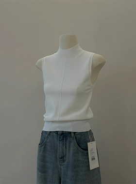 现货】白色半高领修身无袖针织小背心女季显瘦极简风气质内搭上衣