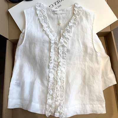 减龄白色棉麻花边无袖背心女春季