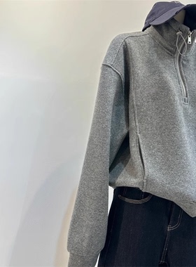 现货】运动风浅灰色半拉链立领抽绳卫衣冬季新款宽松韩系百搭上衣