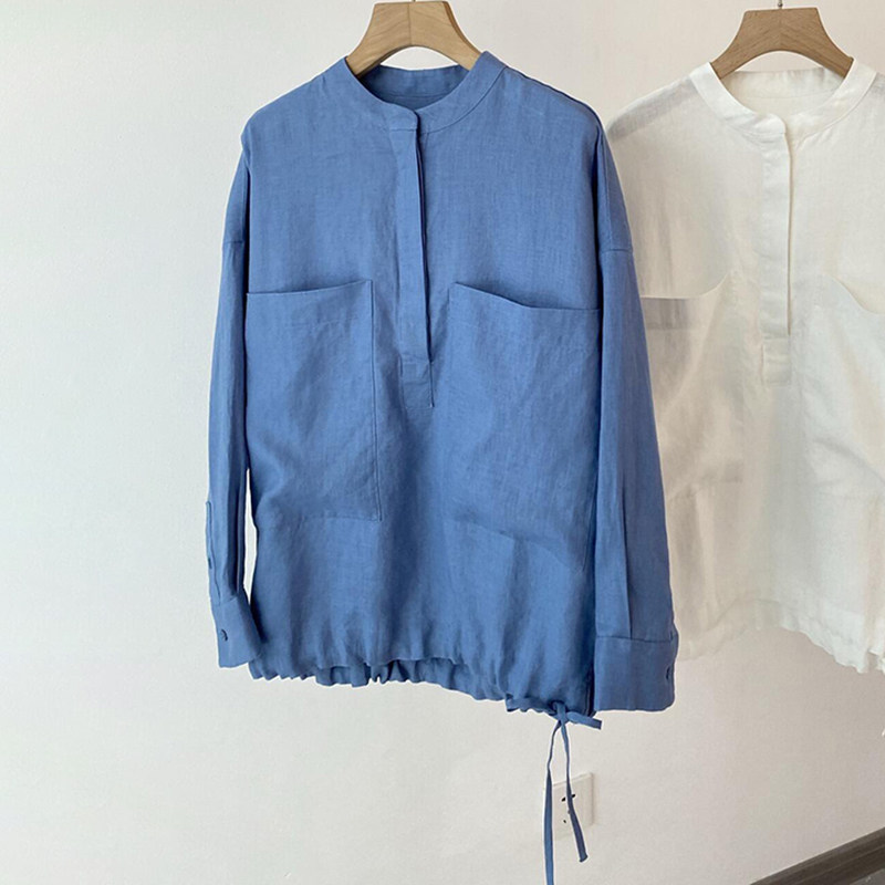 蓝色小立领棉麻抽绳半开襟衬衫女