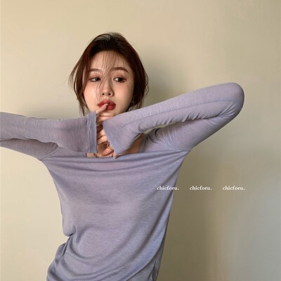 韩系薄款微透长袖可叠穿紫色上衣